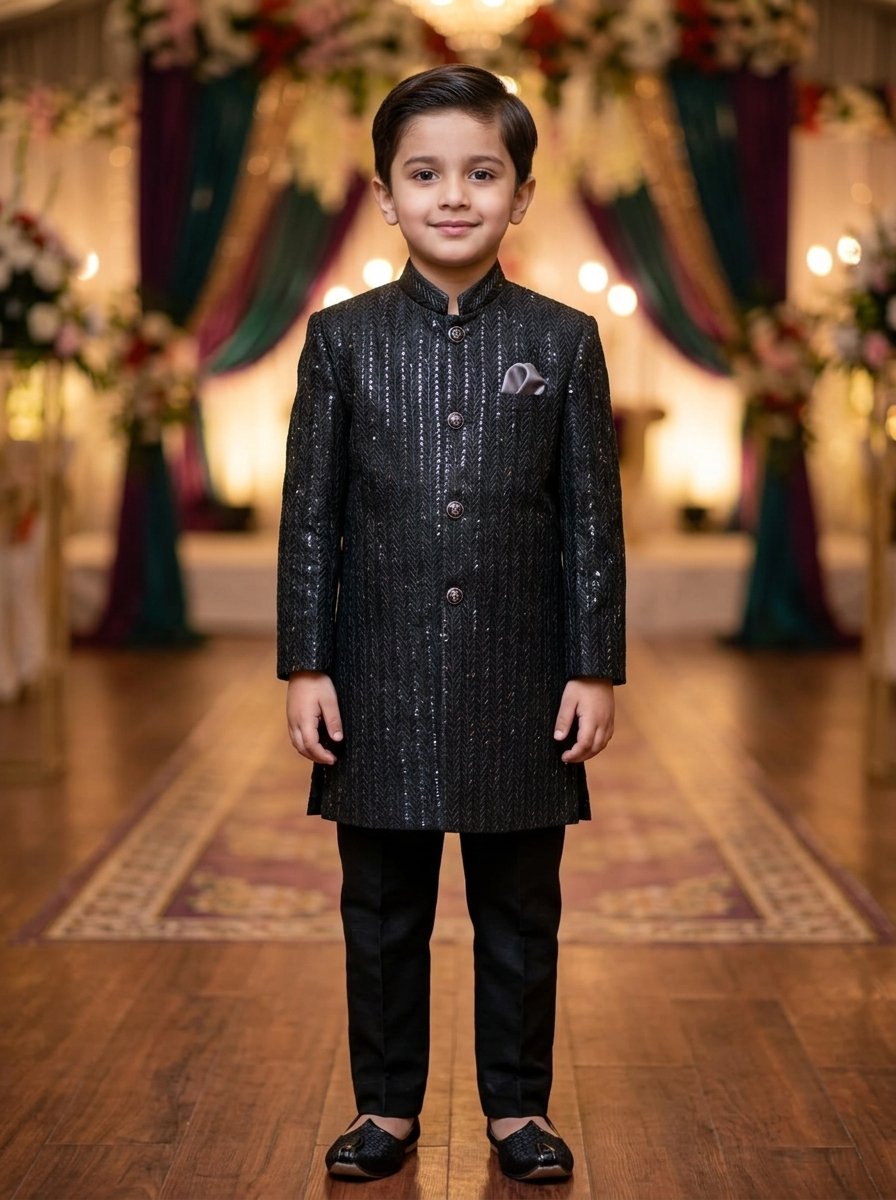 Black Sequence Jamawar Sherwani